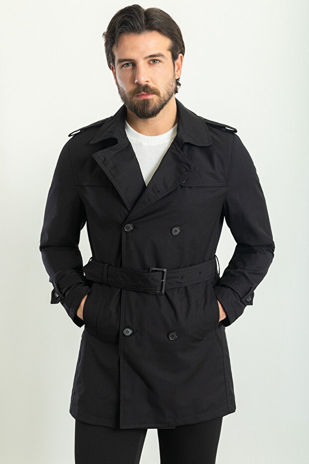 Straight Slim Fit Double Breasted Belted Men's Trenchcoat Black - 21270.23Y
