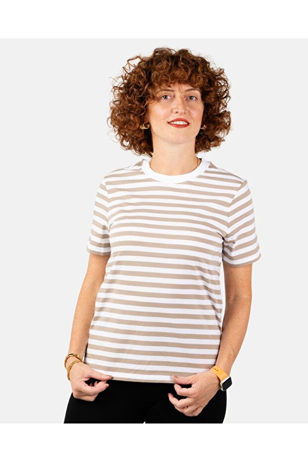 Basic Beige Striped Cotton Women's T-Shirt
