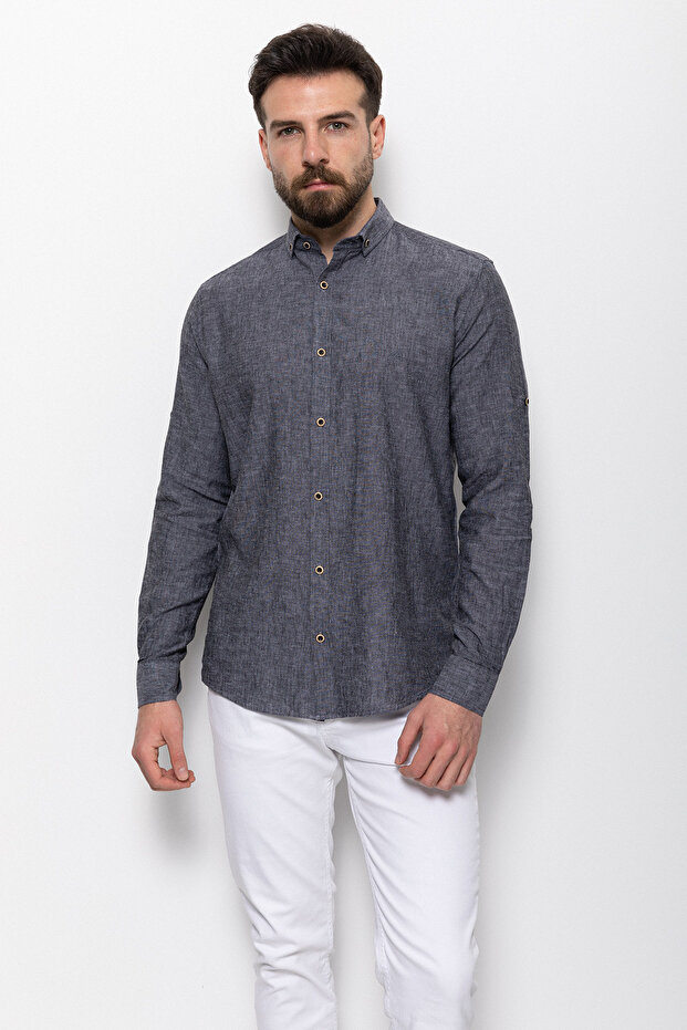 Plain Slim Fit Basic Linen Men's Shirt Anthracite - 37356.21Y