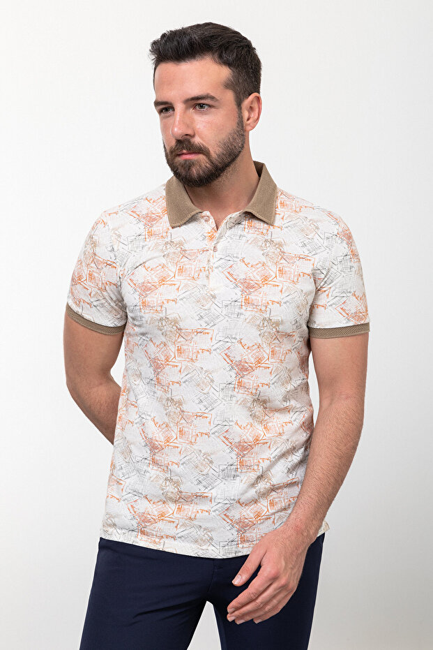 Patterned Slim Fit Polo Neck Men's T-Shirt Beige - 36797.23Y