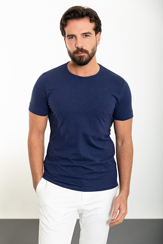 Plain Slim Fit Crew Neck Men's T-Shirt Navy Blue - 36810.24Y