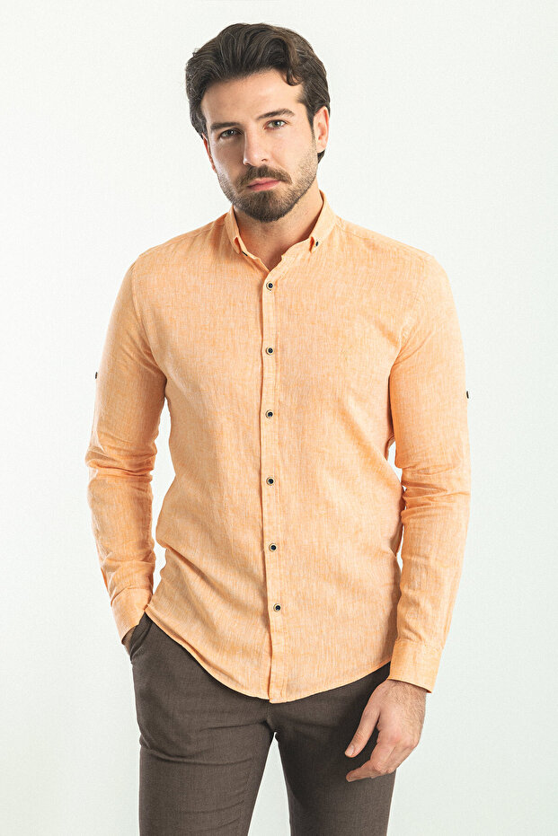 Plain Slim Fit Basic Linen Men's Shirt Orange - 37356.21Y