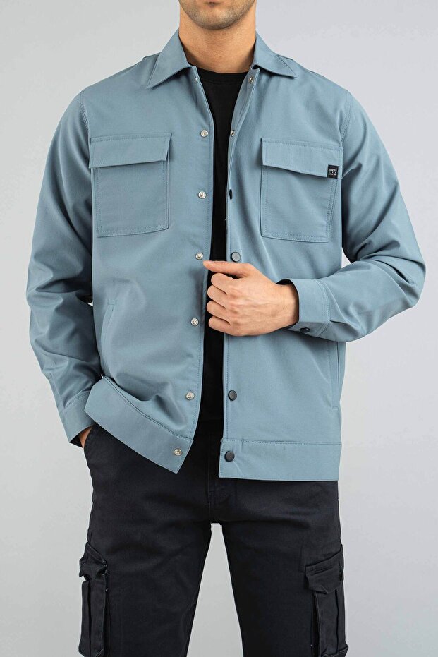 Men's Shirt Petrol Blue Parachute Fabric Relaxed Fit Seasonal Snap Closure Flap Side Pocket Coat