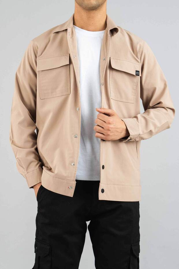 Men's Shirt Beige Parachute Fabric Relaxed Fit Seasonal Snap Closure Flap Side Pocket Coat