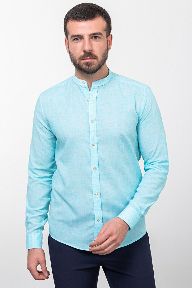 Patterned Slim Fit Judge Collar Long Sleeve Linen Men's Shirt Green - 37732.23Y