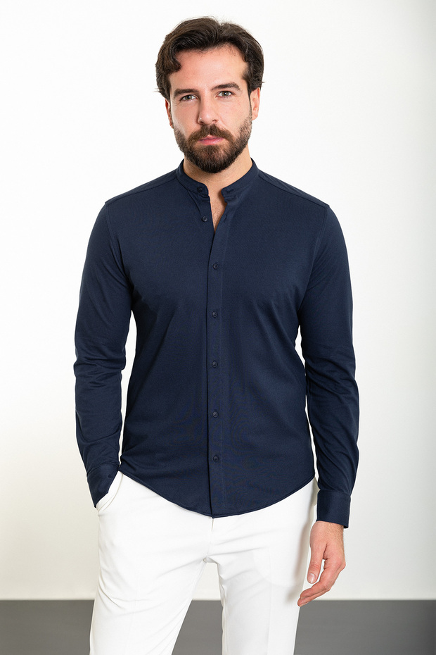 Straight Slim Fit Judge Collar Long Sleeve Men's Shirt Navy Blue - 37901.24Y