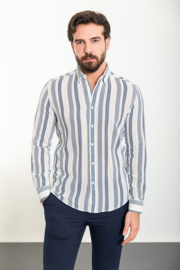 Striped Slim Fit Long Sleeve Men's Shirt White-Navy Blue - 37892.24Y