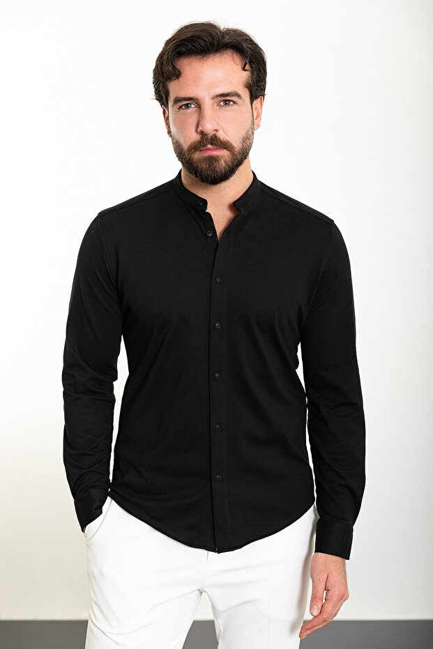 Straight Slim Fit Judge Collar Long Sleeve Men's Shirt Black - 37901.24Y