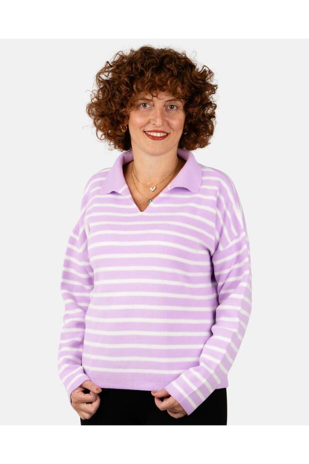 Polo Neck Striped Women's Knitwear Sweater
