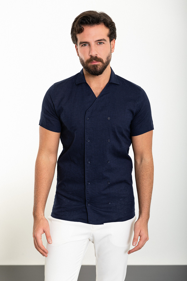 Straight Slim Fit Peacock Collar Double Breasted 100% Linen Shirt Navy Blue - 37872.24Y