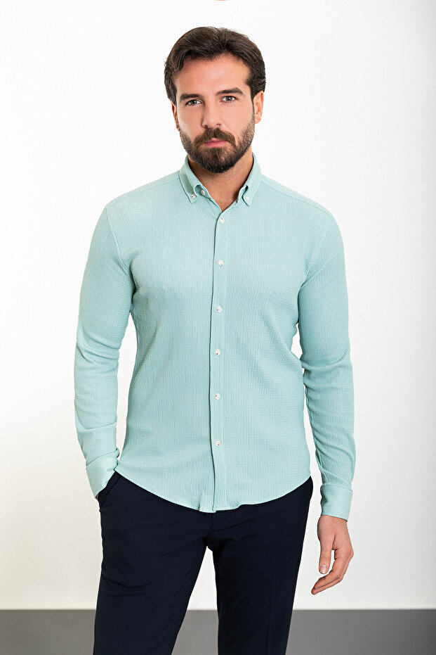 Striped Slim Fit Long Sleeve Seersucker Men's Shirt Çağla - 37862.24Y