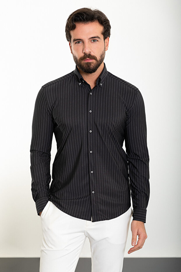 Striped Slim Fit Long Sleeve Men's Shirt Black - 37882.24Y