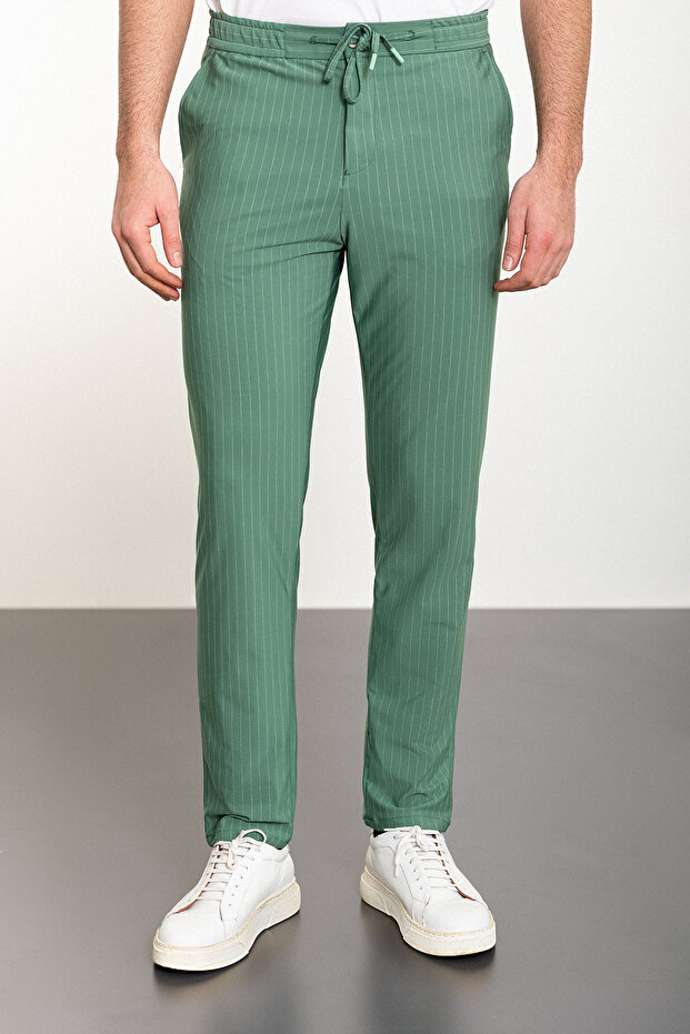 Striped Super Slim Fit Men's Trousers with Elastic Waist and Drawstring, Green - 38252.24Y