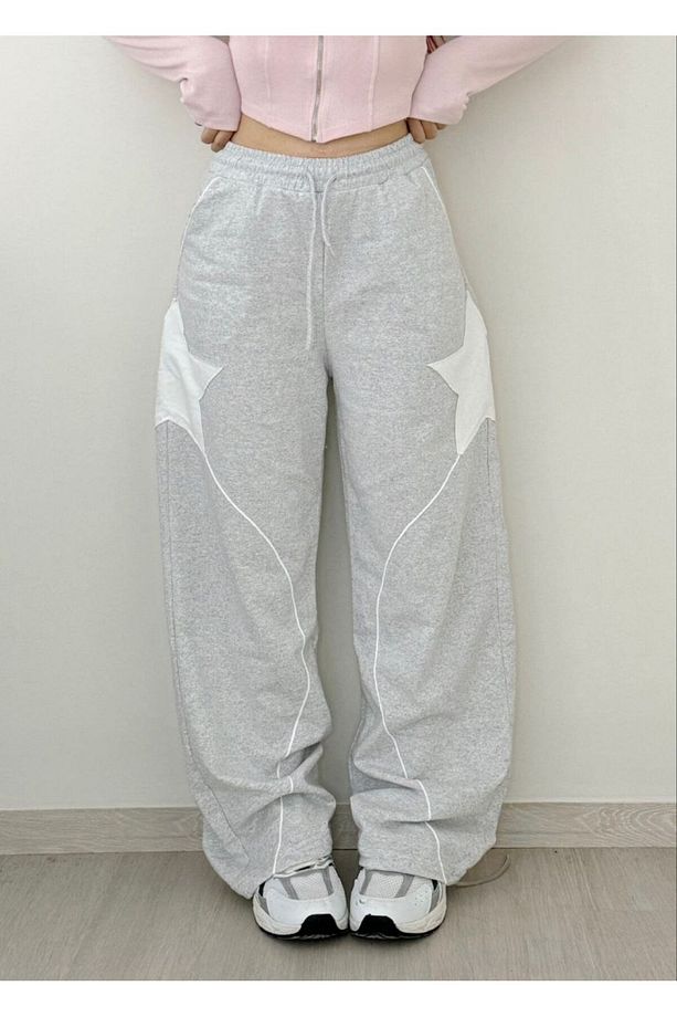 Y2k Unisex Örme Pantolon Eşofman Gray Star - 7