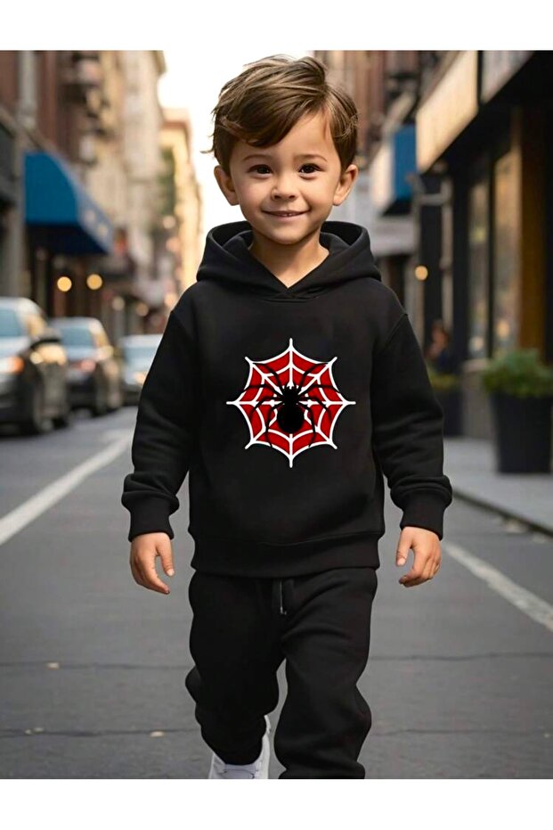 2-Piece Set for Young Men with Spider Print, Comfortable Sports Hoodie and Sweatpants