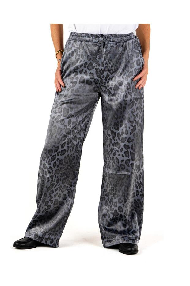Shiny Fabric Leopard Patterned Women's Trousers with Elastic Waist