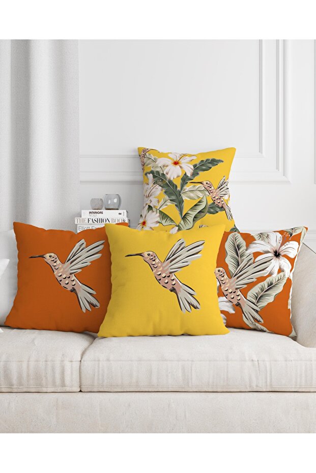 Orange Yellow Hibiscus and Bird Patterned Digital Print Decorative 4-Piece Pillow Throw Pillow Cover Set