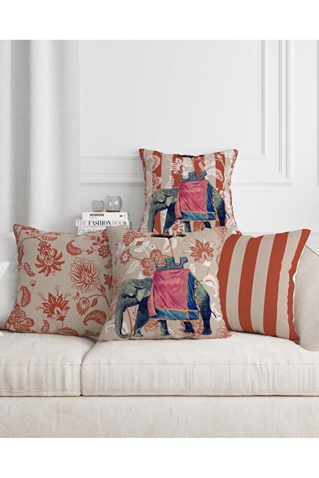 Brick Color Ethnic Indian Elephant Pattern Digital Printed 4-Piece Seat Pillow Throw Pillow Cover Set