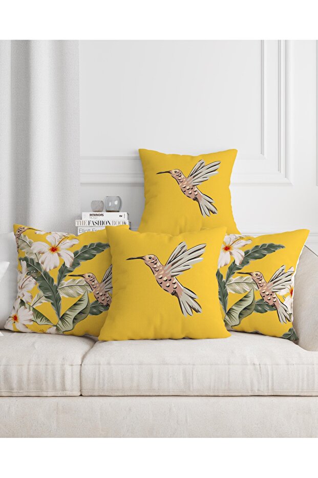 Yellow Hibiscus and Bird Patterned Digital Print Decorative 4-Piece Pillow Throw Pillow Cover Set