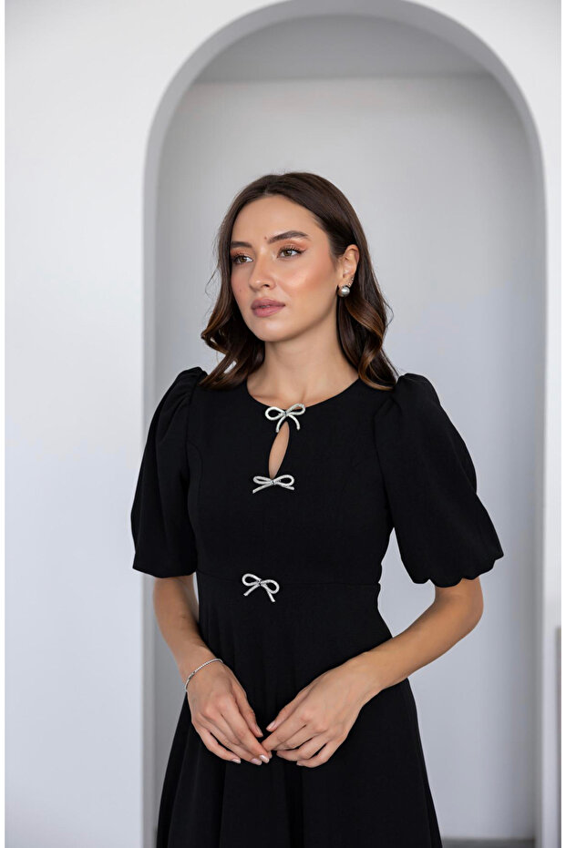 Black Midi Dress with Bow Detail and Low-Cut Neckline (Sleeves)