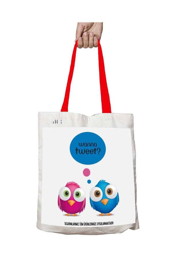 Wanna Tweet Birds Washable Shoulder Bag with Red Handles
