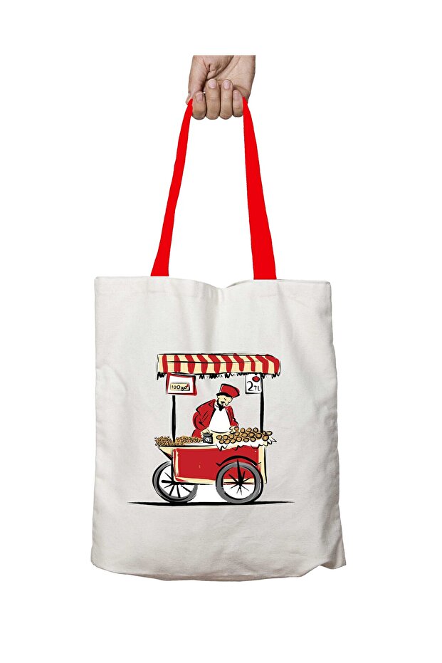 Istanbul Chestnut Vendor Washable Shoulder Bag with Red Handles