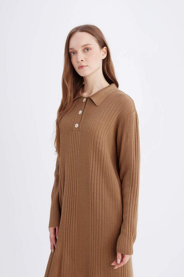 Dfm - Regular Fit Polo Yaka Basic Düz Maxi Triko Elbise - 4