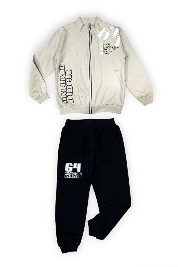 Zippered Two Thread Kids Tracksuit Set MNK0554 BEIGE