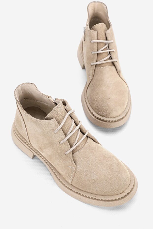 Women's Beige Suede Genuine Natural Leather Number 36-41 Lace-Up Short Boots & Booties