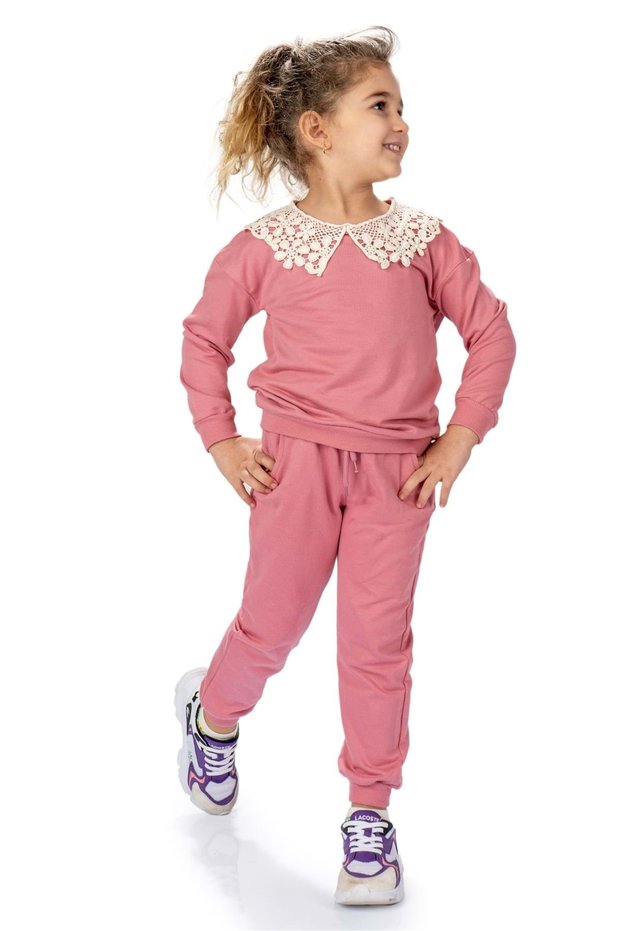 Lace Collar Two Thread Girls Tracksuit Set MNK0574 DRIED ROSE