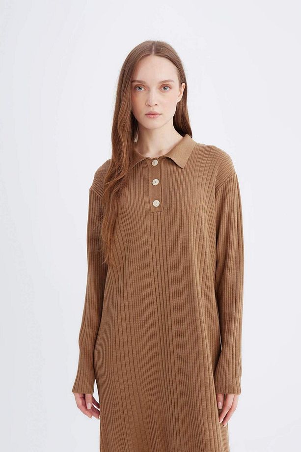 Dfm - Regular Fit Polo Yaka Basic Düz Maxi Triko Elbise - 3