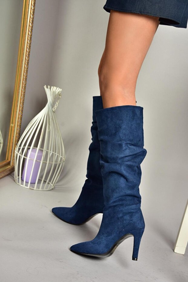 L 404868002 Granatowe zamszowe buty damskie na cienkim obcasie - 3