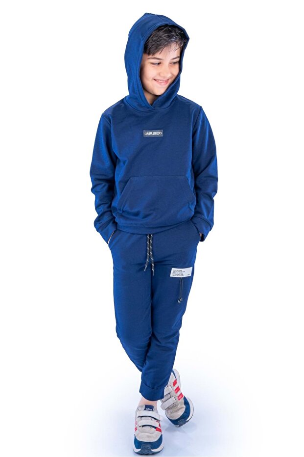 Class Kanguru Pocket Hooded Children's Tracksuit Mnk10071 Dark Blue