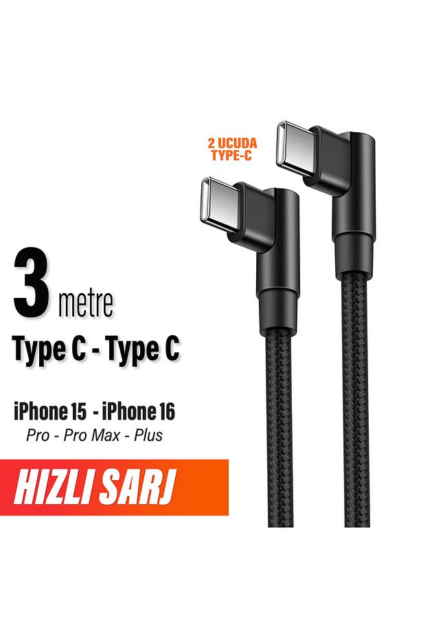iPhone 15 - 16 - Pro - Pro Max - Plus Şarj Kablosu Uzun 3 metre Type C to Type C Hızlı Şarj Kablosu - 1