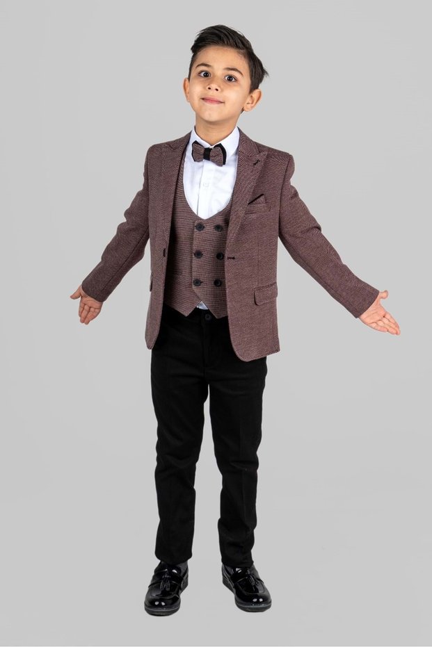 Mendil Damatlık Jacketed Vest Boys' Suit Mnk0487 Bordo