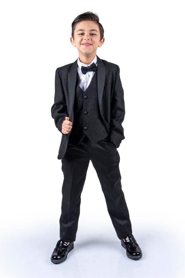 Vest Set Boy's Groom Suit with Silvery Jacket Mnk0501 Black