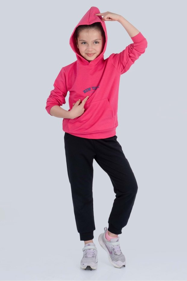 Newyork Mini Kangaroo Pocket Hooded Girls Tracksuit Set Mnk0513 Fuchia