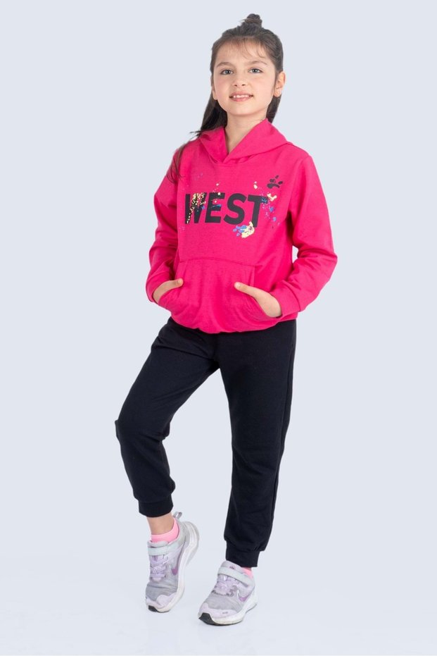 West Kangaroo Pocket Hooded Girls' 2-Thread Tracksuit Mnk0512 Fuchia