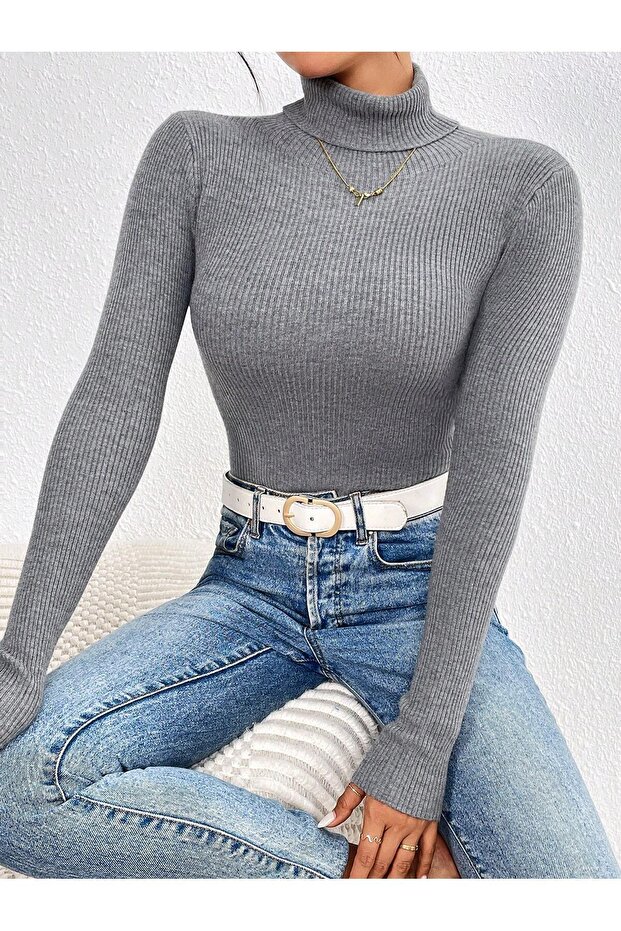 Unisex Anthracite Gray Cotton Turtleneck Slimfit Turtleneck Sweater