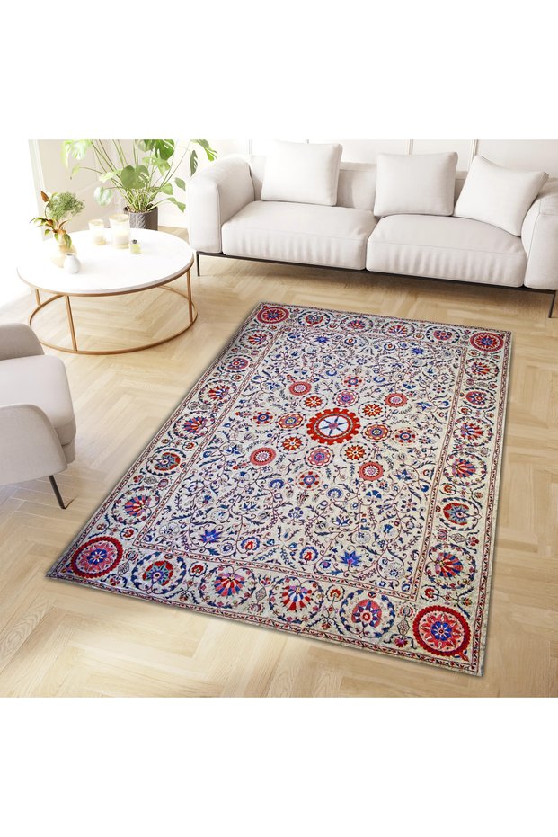 Umay Collection Red Blue Beige Patterned Woven Base Modern Decorative Carpet Umay14