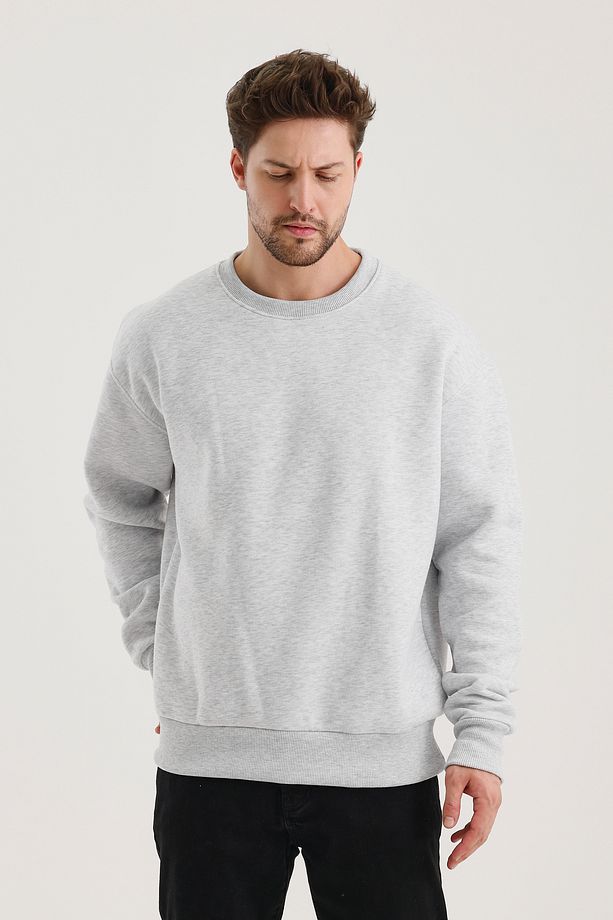 Grimelanj Pamuklu Bisiklet Yaka Oversize Şardonlu Basic Erkek Sweatshirt - 5