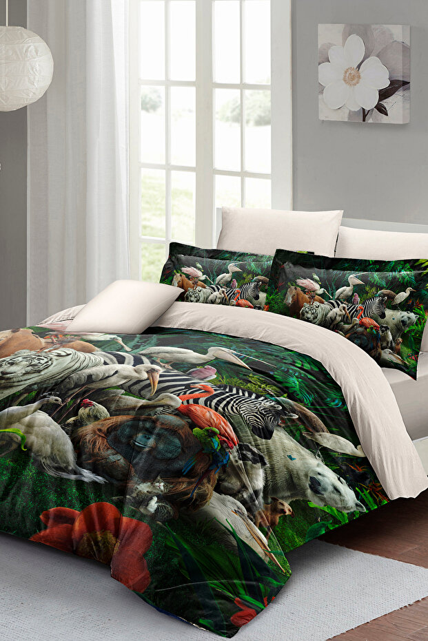 Duvet Cover Set Cotton Satin Double Size 3D Digital Natural Zoo