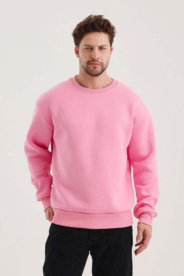 Pembe Bisiklet Yaka Oversize Şardonlu Basic Erkek Sweatshirt - 4