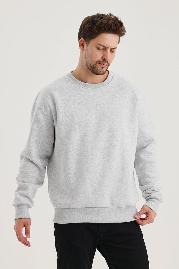 Grimelanj Pamuklu Bisiklet Yaka Oversize Şardonlu Basic Erkek Sweatshirt - 4