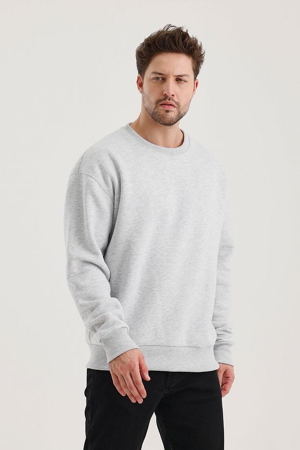 Grimelanj Pamuklu Bisiklet Yaka Oversize Şardonlu Basic Erkek Sweatshirt - 1