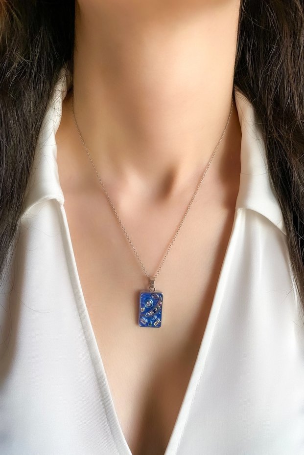 Women's Steel Necklace Blue Plate Mix Stone Crescent Detail Necklace