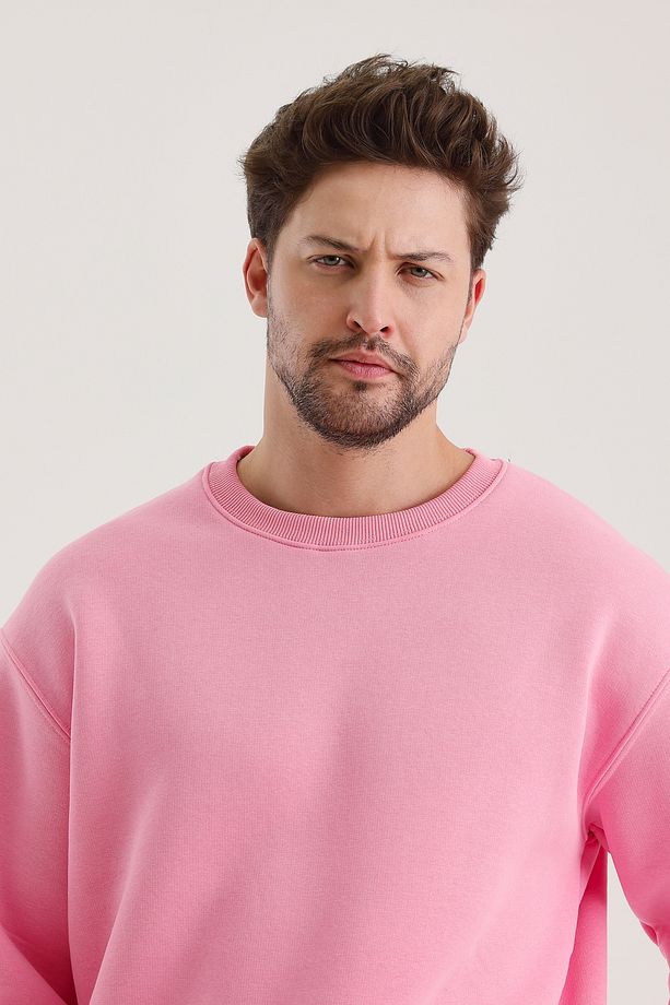 Pembe Bisiklet Yaka Oversize Şardonlu Basic Erkek Sweatshirt - 6