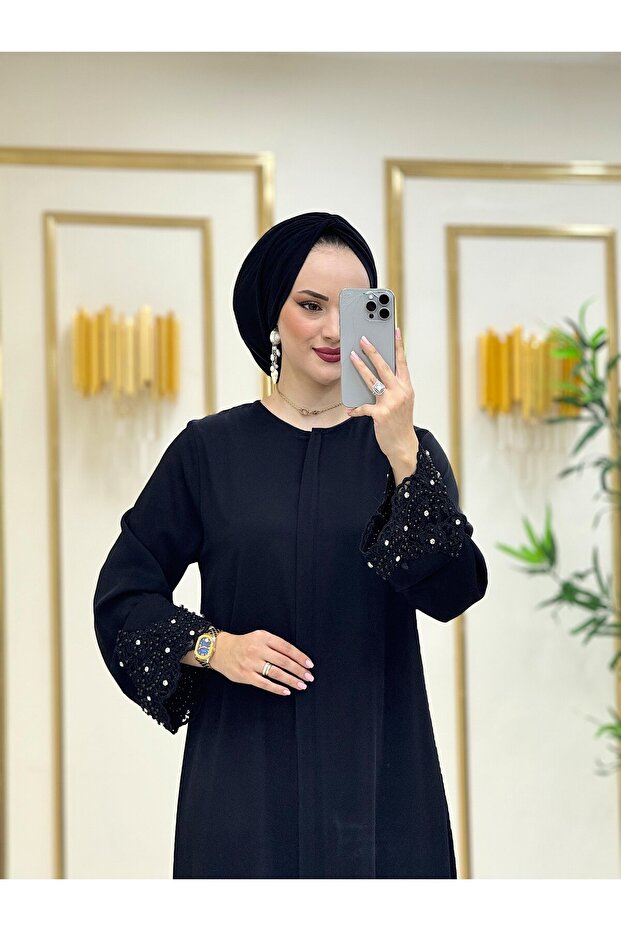 Kolları İşlemeli Dubai İpeği Ferace - 1