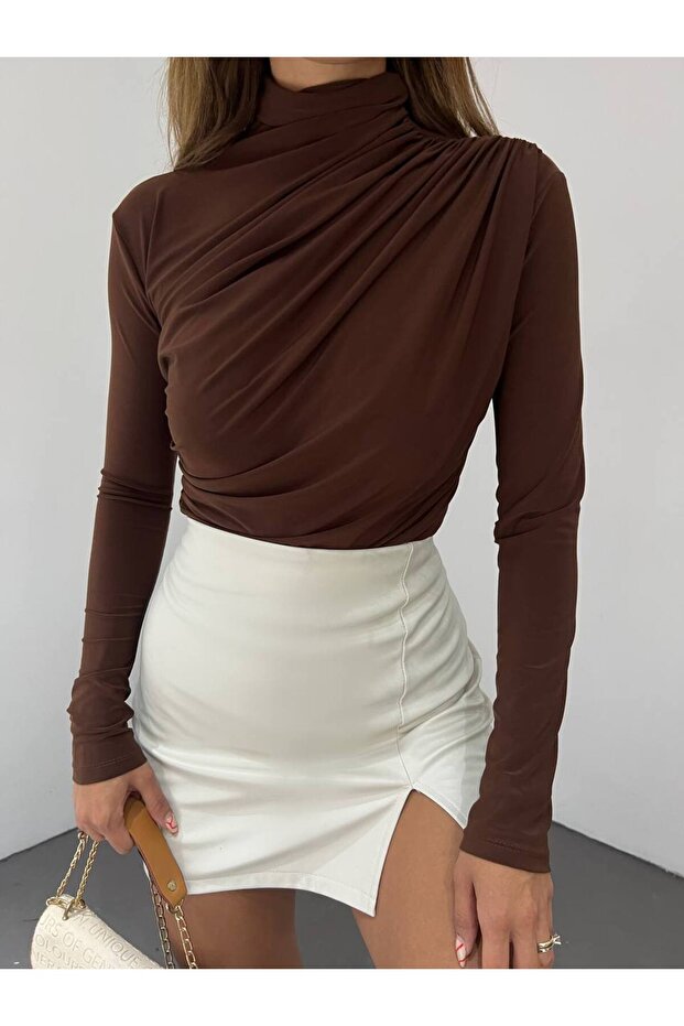 Rugalmas homokos szövetből készült állógallér hosszú ujjú blúz 10949 - 1