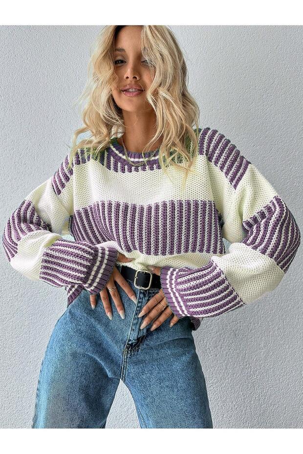 Striped Women's Sweater Nupen Knitted / Purple Color